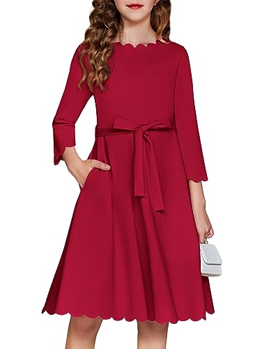 Arshiner Dresses for Girls 3/4 Sleeve Wave Neck Elegant A-Line Pockets Midi Christmas Dress with Bow Belt（Wine Red，10-11Years）