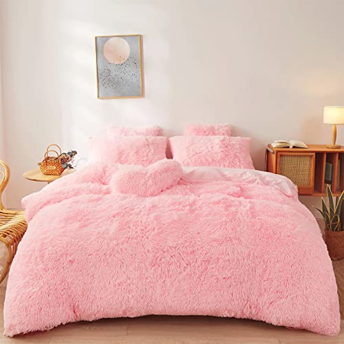 Fluffy Faux Fur Pink Comforter Cover Set Queen - Ultra Soft Plush Pink Bedding Sets 3 Pieces (1 Fluffy Duvet Cover + 2 Faux Fur Pillow case) Cute Pink Bed Set (Light Pink, Queen)