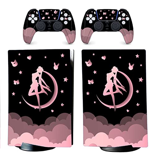 BelugaDesign Moon Skin PS5 | Anime Magical Girl Cloud Stars | Cute Kawaii Vinyl Cover Wrap Sticker Full Set Console Controller | Compatible with Sony Playstation 5 (PS5 Digital, Pink Black)