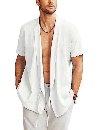 COOFANDY White Kimono Men Casual Kimono Lightweight Cardigan Open Front Japanese Yukata Short Sleeve Medium