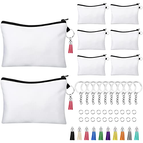 8 Pieces Sublimation Blank Cosmetic Bags Set Including DIY Heat Transfer Makeup Bags with Zipper, Keychains, Tassels, Jump Rings for DIY Crafts St. Patrick's Day Present