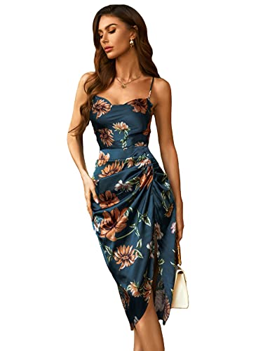 WDIRARA Women's Floral Print Cowl Neck Sleeveless Ruched Split Thigh Satin Cami Dress Multicolor M