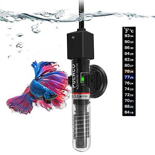 PULACO 25W Small Aquarium Betta Heater with Free Thermometer Strip, Under 6 Gallon Fish Tanks (Preset Temperature 78℉)