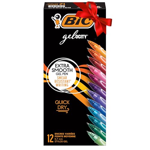 BIC Gel-ocity Quick Dry Assorted Colors Gel Pens (RGLCGA11-AST), Medium Point (0.7mm), 12-Count Pack, Retractable Gel Pens With Comfortable Full Grip (Colors May Vary), Unique Gifts for Women