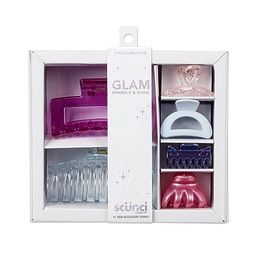 Scunci by Conair Teen Girl Holiday Gift Set, Christmas Gift Box Under $20, Includes 6 Claw Clips in Pastel Glam Colors
