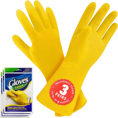 SteadMax 3 Pairs Cleaning Gloves, Reusable Natural Rubber Dish Gloves, Waterproof Latex Non-Slip Dishwashing Gloves for Kitchen and Household (Large, 3 Pack)