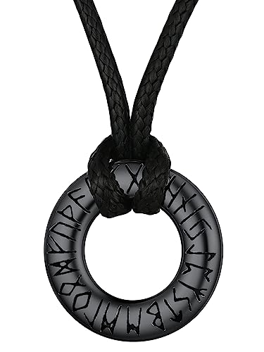 Viking Runes Necklace with Leather Neck Chains Black Stainless Steel Nordic Mythology Rune Charms