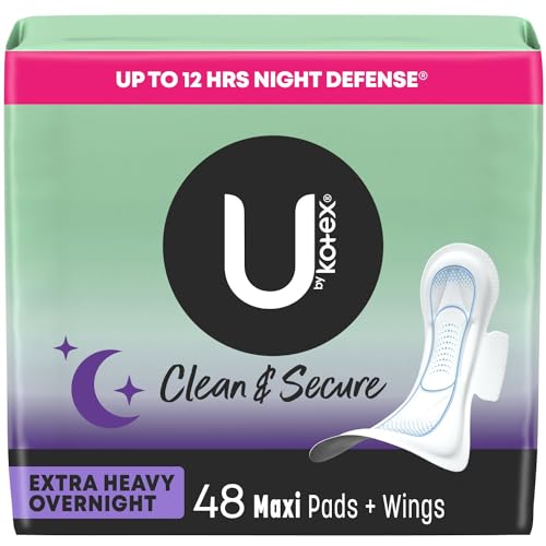 U by Kotex Clean & Secure Overnight Maxi Pads with Wings, Extra Heavy Absorbency, 48 Count (2 Packs of 24) (Packaging May Vary)