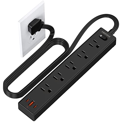 HOPOW Flat Plug Power Strip, 6 Ft Ultra Thin Extension Cord, Surge Protector with 5 Outlets & 3 USB Ports (2 USB C), 1700 Joules, Wall Mount, Desktop Charging Station for Home Office Dorm, Black