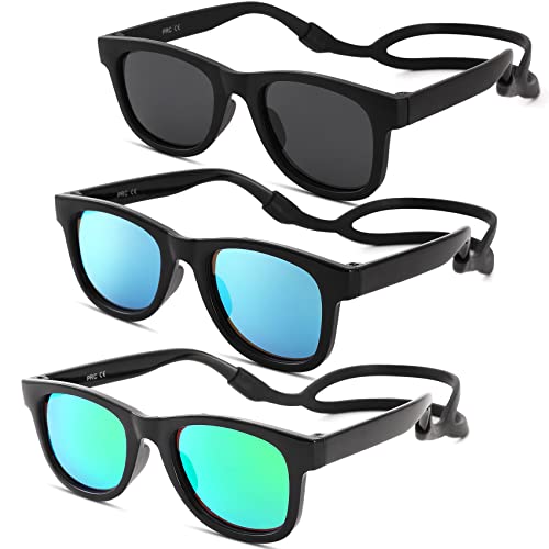 COASION 3 Pack Bendable Flexible Polarized Newborn Baby Sunglasses with Silicon Strap for Infant Boys Girls Age 0-12 Months (Black/Green Mirror + Black/Blue Mirror + Matte Black/Gray)