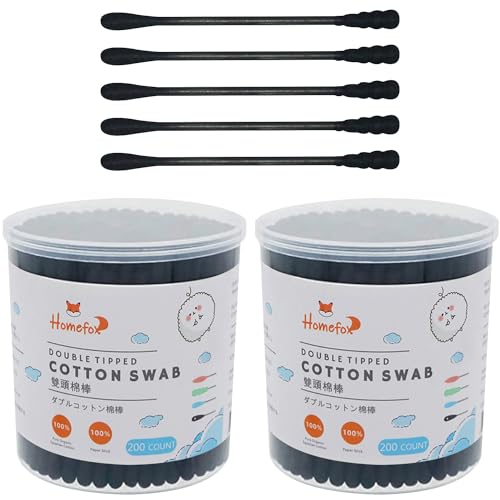 HOMEFOX Black Cotton Swabs Spiral - 400 Count Organic Cotton Buds Double Side Tightly Wrapped Charcoal Cotton Tips Paper Stick Soft Gentle Cruelty-Free Lint-Free Goth Bathroom, Round & Spiral (Black)