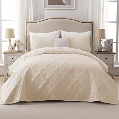 Exclusivo Mezcla Ultrasonic Quilt Set King Size, 3 Pieces Beige King Quilt (104'x96') with 2 Pillow Shams, Lightweight Bedspreads Modern Striped Coverlet Set for All Seasons