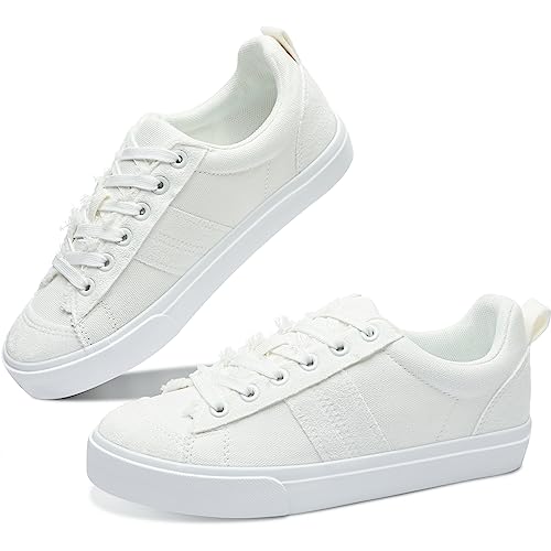 Obtaom Women's Canvas Sneakers Cute Lace up Fashion Sneaker Comfortable Skate Shoe for Lady Casual Tennis Flats(Natural White/Faux Suede,US8)