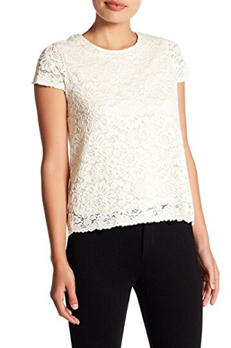 Women's Floral Lace Short Sleeve Top with Lining Scoop Neckline (L, 4513-Ivory)
