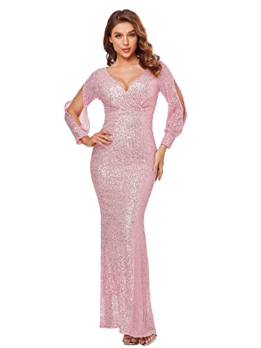 Women's Prom Dresses 2022 Sequined Mermaid Evening Dress with Long Sleeve Ball Gown V Neck Party Dresses Pink XX-Large
