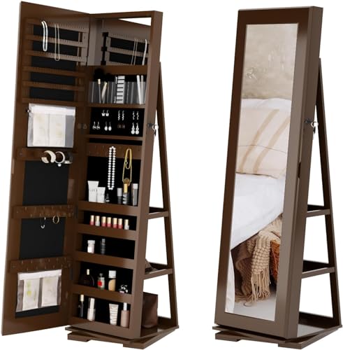 SogesHome Jewelry Cabinet with Full Length Mirror and Swivel Base Rotating, Standing Mirror Lockable Jewelry Armoires, Mirror Jewelry Organizer Strorage Mirrored Jewelry Holder, Brown