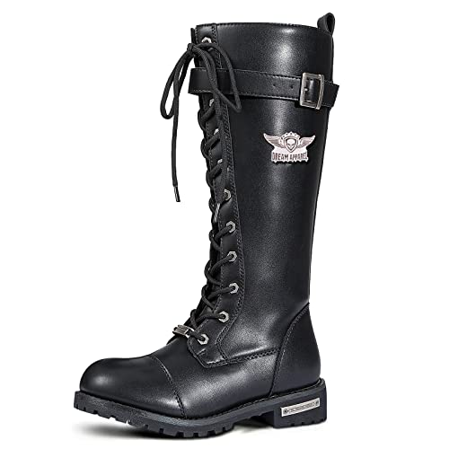 Dream Apparel Women’s Motorcycle Boots for Riding, Biker Boots with Full Length Side Zipper, Lace Up Knee High Boots with Calf Buckle, Black PU Leather Combat Boots for Ladies, Size 8.5