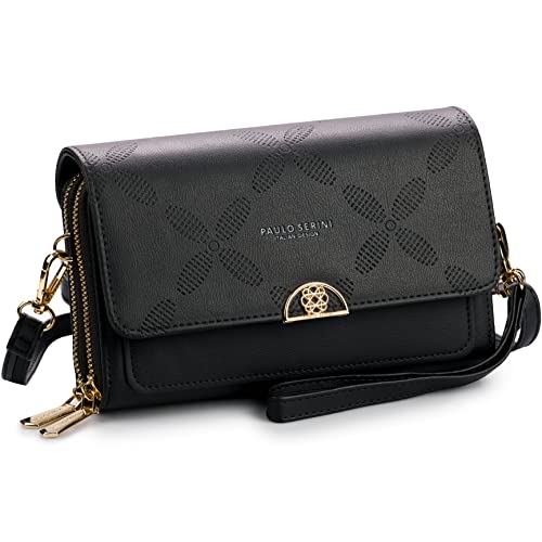 PAULO SERINI Crossbody bag for women - Shoulder bag made of 100% vegan leather - Cell phone clutch purse with 2 compartments & zipper - Wristlet wallet with 2 adjustable straps - Onyx Black