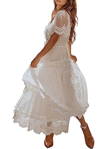 Happy Sailed Womens V Neck Button Down Floral Lace Maxi Dress Short Sleeve Boho Flowy Dresses A White