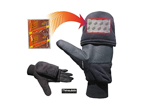 Heat Factory Gloves with Pop-Top Mittens, with Hand Heat Warmer Pockets, Black, Large