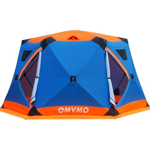 OMVMO Ice Fishing Shelter，4/6/8/10 Person Insulated Ice Fishing Tent，Pop up Portable Ice Shanty Thermal Hub with Removable Floor Carrying Bag,Ice Anchors,Tie Ropes (4-6 Person)