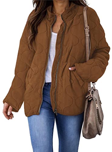 Zwurew Womens Drop Shoulder Quilted Lightweight Jackets Long Sleeve Zip Up Bomber Jacket Stand Collar Winter Outwear