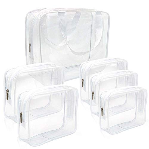 APREUTY Clear Makeup Bags, TSA Approved 6Pcs Cosmetic Makeup Bags Set Clear PVC with Zipper Handle Portable Travel Luggage Pouch Airport Airline Organization (White)