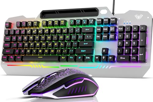 AULA Gaming Keyboard, 104 Keys Gaming Keyboard and Mouse Combo with RGB Backlit Quiet Computer Keyboard, All-Metal Panel, Waterproof Light Up PC Keyboard, USB Wired Keyboard for MAC Xbox PC Gamers