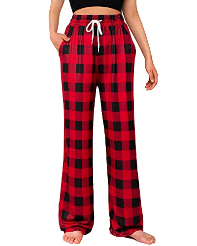 Alimens & Gentle Women's Pajama Pants Buffalo Plaid Bottoms Cotton Stretch Sleep Pant with Pockets Sleepwear black&red Small