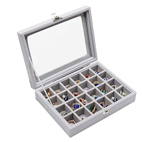 STYLIFING Clear Lid Velvet 24 Grid Jewelry Organizer Box Stackable Tray Earring Display Showcase Lockable Jewelry Organizer Box Gifts for Girls Women (24 Grid Grey)