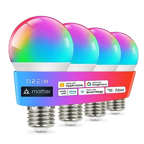 OREiN Matter Smart RGBTW Bulb, Smart Light Bulbs Work with Apple Home, Alexa, Google Home, SmartThings, A19 Color Changing Light Bulbs 2.4Ghz WiFi, 800 Lumens Equivalent 60W 4Pack