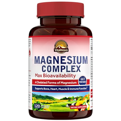 Vitalitown Magnesium Complex Supplement 500mg - Maximized Absorption Chelated Magnesium Glycinate, Malate, Taurate & Citrate - Vegan Non-GMO Magnesium 120 Capsules for Sleep, Muscle, Energy & Heart