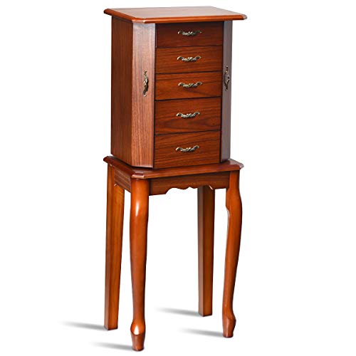 Giantex Standing Jewelry Cabinet Armoire with Top Flip Mirror, Jewelry Storage Organizer with 2 Side Doors for Necklaces, Jewelry Armoire Box Chest for Women Girls, Walnut