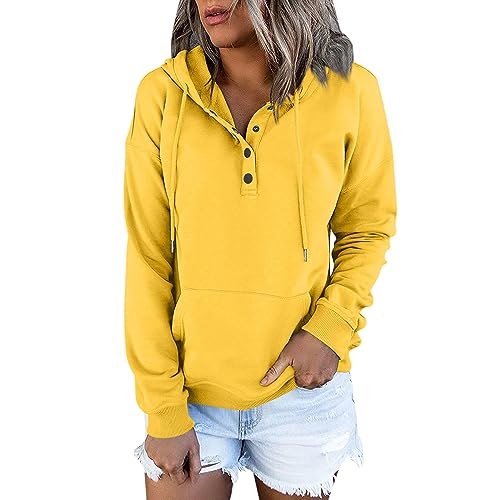 NAKHOPAZ Hoodies For Women,2023 Casual Long Sleeve Drawstring Sweatshirt Lightweight Button Down Loose Fit Pullover Plus Size Solid Top Comfy Oversized Fall Outfit(B-Yellow,S)