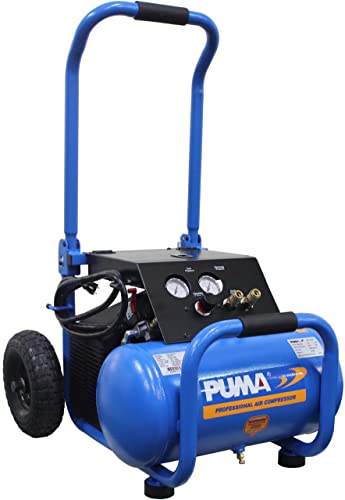 Puma Industrial DP2505C Wheeled Portable Air Compressor, Single Stage, 2.5 H.P, 5 Gallon Tank, Built in regulator, Recessed Gauges Protected by Panel, Built-In Storage Compartment