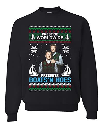 Prestige Worldwide Boats and Hoes Step Brothers Ugly Christmas Sweater Unisex Crewneck Graphic Sweatshirt, Black, Large
