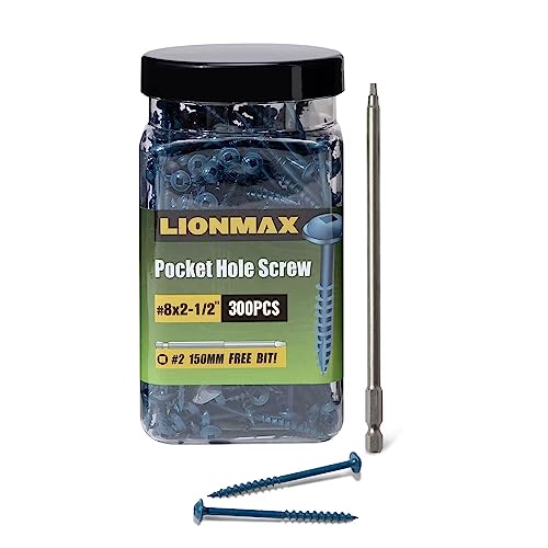 Pocket Hole Screws 2-1/2 Inch, LIONMAX Pocket Screws #8 x 2-1/2' 300PCS for Exterior, Blue Coated Pocket Hole Screw, Coarse Thread, Washer Head with Square Drive, 150MM Drive Bit Included