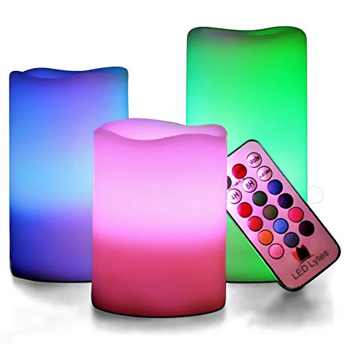 LED Multi Colored Flameless Candles Battery Operated, 3 Round Ivory Wax with Multi-Function Timer Remote Control, Flickering Flame Candle Set for Room Decor for Teens by LED Lytes