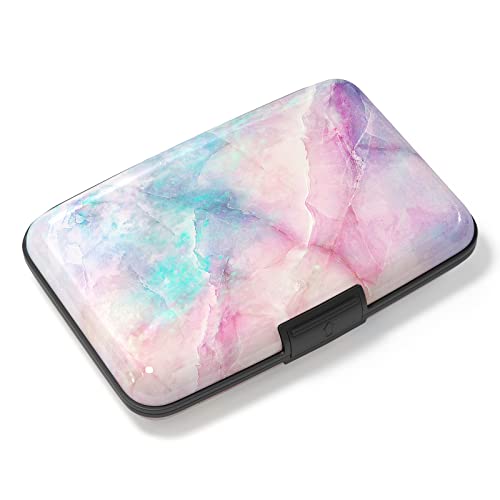 Atufsuat Credit Card Holder, Mini Aluminum Card Wallet RFID Blocking Slim Metal Hard Card Case for Women Men, Colorful Marble
