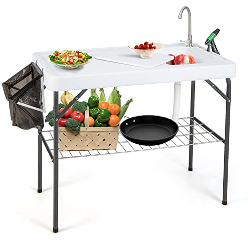 Goplus Folding Fish Cleaning Table with Sink and Spray Nozzle, Portable Camping Sink Table with Faucet, Drainage Hose, Grid Rack, Knife Groove, Outdoor Fish Fillet Cleaning Station for Dock Picnic