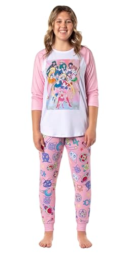 Bioworld Sailor Moon Pajamas Women's Character Poster Raglan Shirt And Jogger Pants Pajama Set (Large) Pink