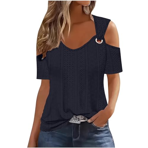 2024 prime of day deals Womens Summer Tops Dressy Casual Sexy Clod Shoulder V Neck Tshirts Trendy Hollow Out Eyelet Womens Blouses Y2k Going Out Tunic Tops Comfy Solid Plus Size Blouses Tees Navy