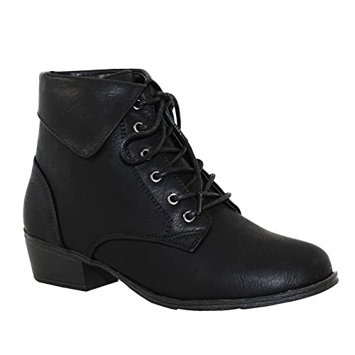 TOP Moda EC89 Women's Foldover Lace Up Low Chunky Heel Ankle Booties (7, Black)
