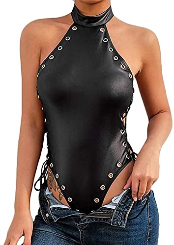 Women's Sexy Lingerie Leather Sleepwear Cosplay Dress Bodysuit Gift for Girlfriend, Clubwear Black X-Large