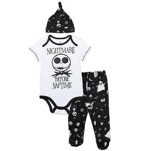 Nightmare Before Christmas Newborn Baby Boys Short Sleeve Bodysuit Pants and Hat 3 Piece Outfit Set 0-3 Months