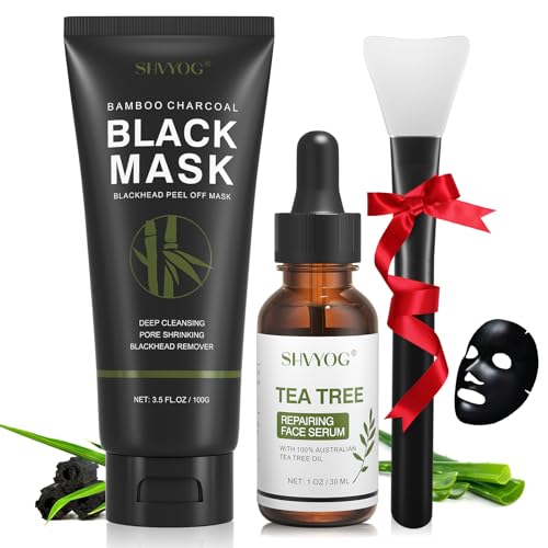 SHVYOG Blackhead Peel Off Face Mask, 3-in-1 Blackhead Remover Mask with Brush & Tea Tree Oil Serum, Charcoal Mask for Deep Cleansing Dirts, Pores, Skin Oil (100g+30ml)