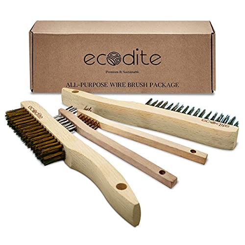 [Wire Brush Set for Cleaning] 4-Pack Multi Purpose Beechwood Handle Medium & Small, Brass & Stainless Steel Wire Scratch Brush for Rust, Paint, Welding, Heavy & Light Household Cleaning