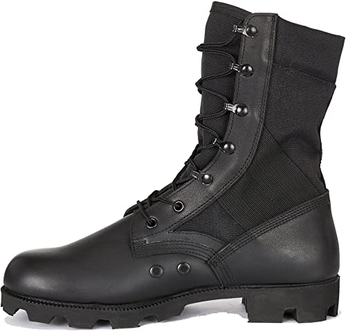 Belleville 8 Inch Canopy Jungle Boots for Men - Highly Breathable Leather & Nylon Upper, Double & Triple Stitched Seams, Medial Side Drainage Vents, and Classic Panama Outsole Tread, Black - 9.5 W