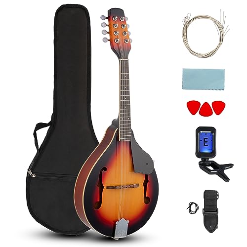 Ktaxon A Style Mandolin Instrument Kit, 8 Strings Acoustic Mahogany Wood Mandolins Musical with Tuner, Thickened Gig Bag, Shoulder Strap, Picks for Beginners (Sunburst)