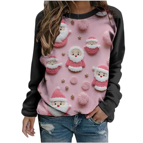 Fleece Hoodies for Women Trendy Christmas 3D Visual Santa House Print Crew Neck Sweatshirts Loose Long Raglan Sleeve Tops